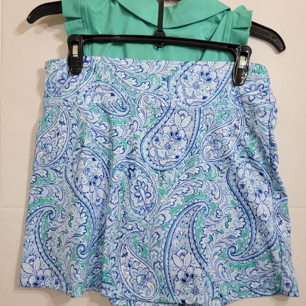 SIGRID OLSEN Tank Polo Ruffle Hem‎ Skort Turquoise Paisley XS Golf Tennis UPF 50